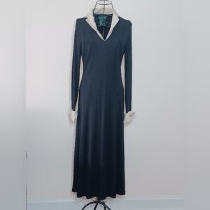 Vintage Lauren Ralph Lauren Blak Knit Maxi Dress With Contrast Collar& Cuffs